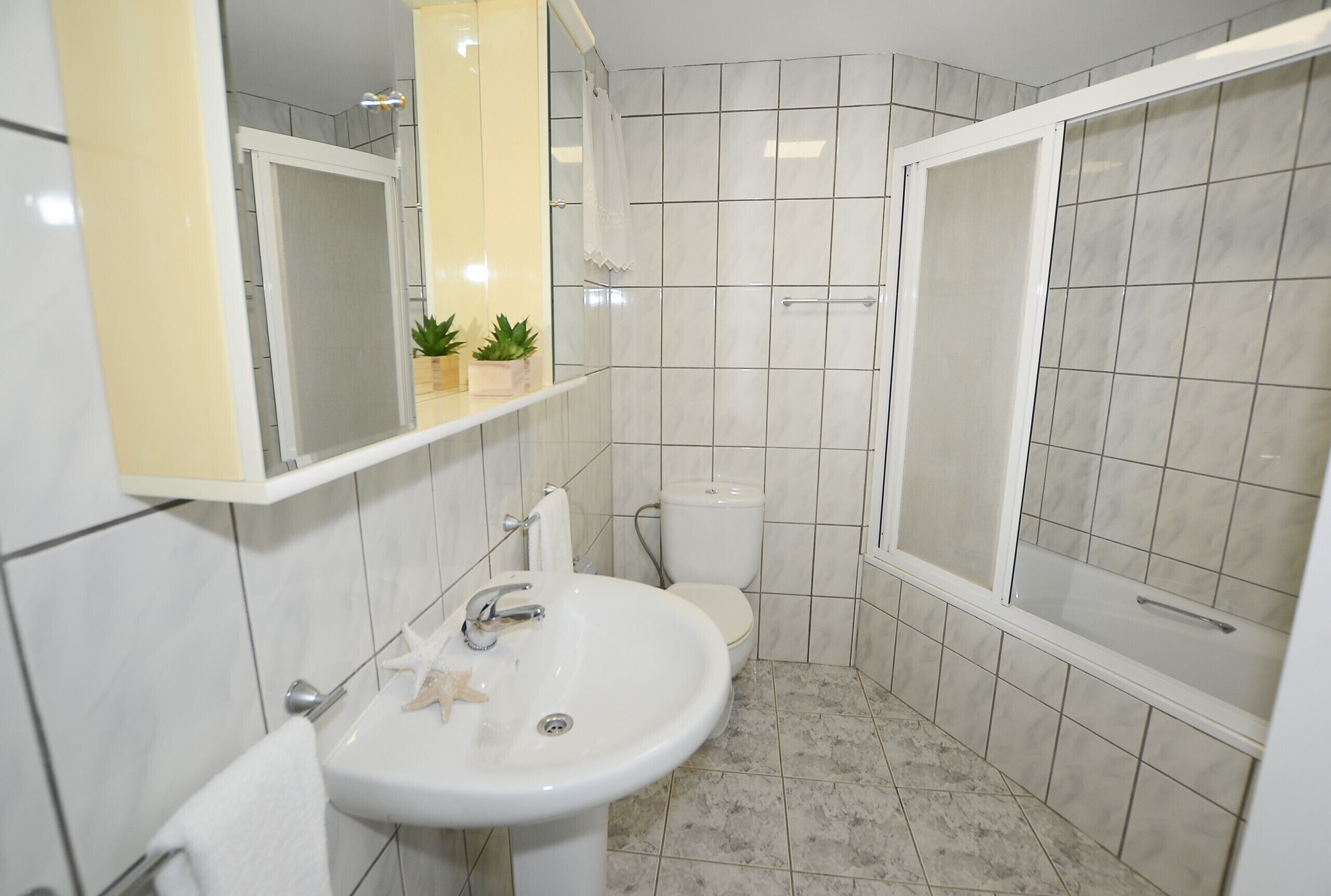 Une salle de bain avec un lavabo, des toilettes et une baignoire, tous de couleur blanche. Des plantes en pot sont disposées sur l’étagère au-dessus du lavabo.