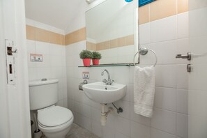 Un baño pequeño con inodoro, lavamanos y espejo. Hay dos plantas en macetas sobre el lavamanos.