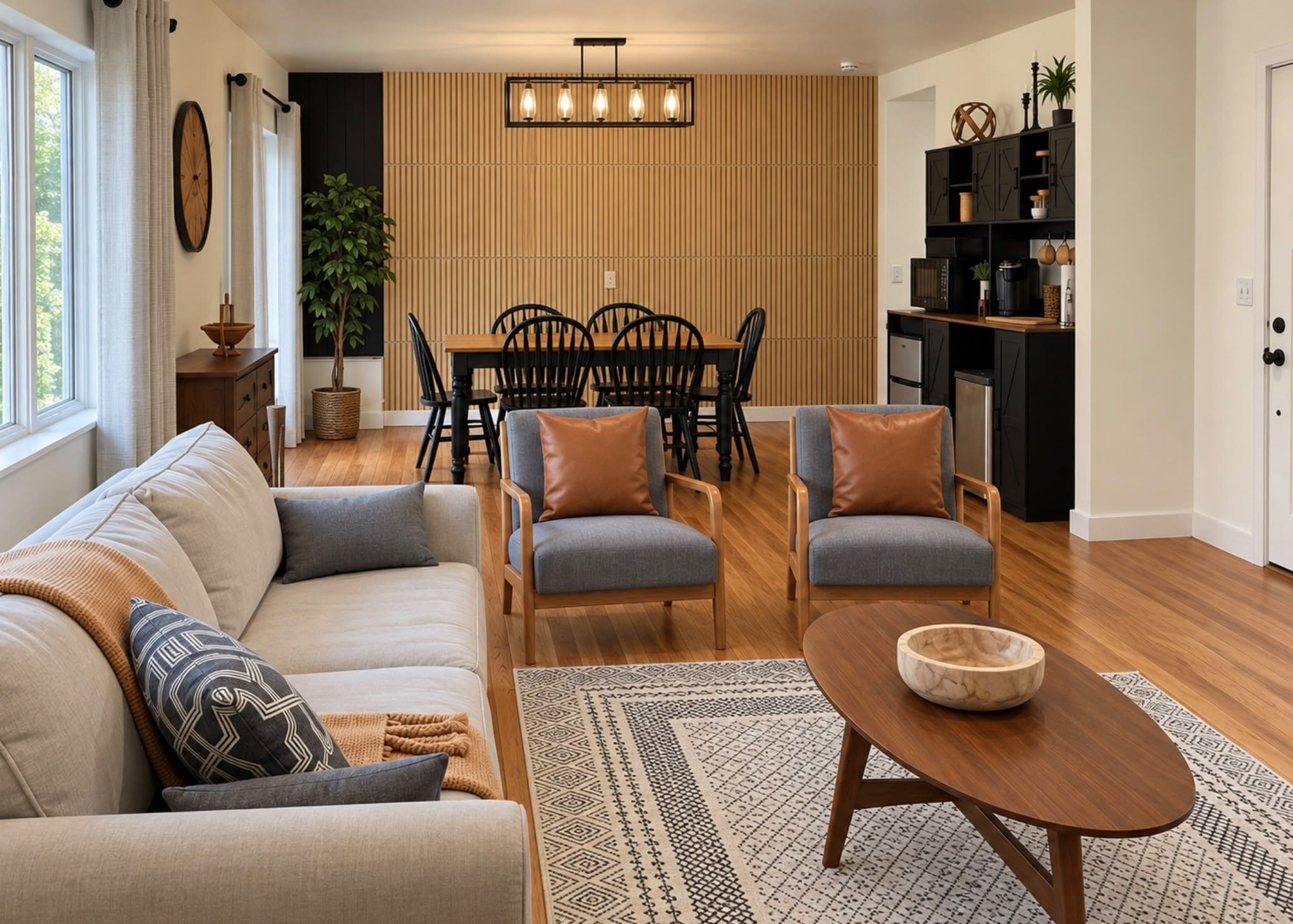Een moderne woonkamer met een bank, fauteuils, een salontafel en een eethoek met stoelen en een tafel.