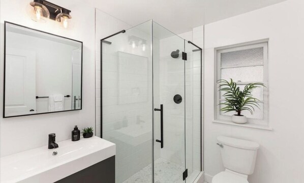 Shower, hair dryer, towels, shampoo