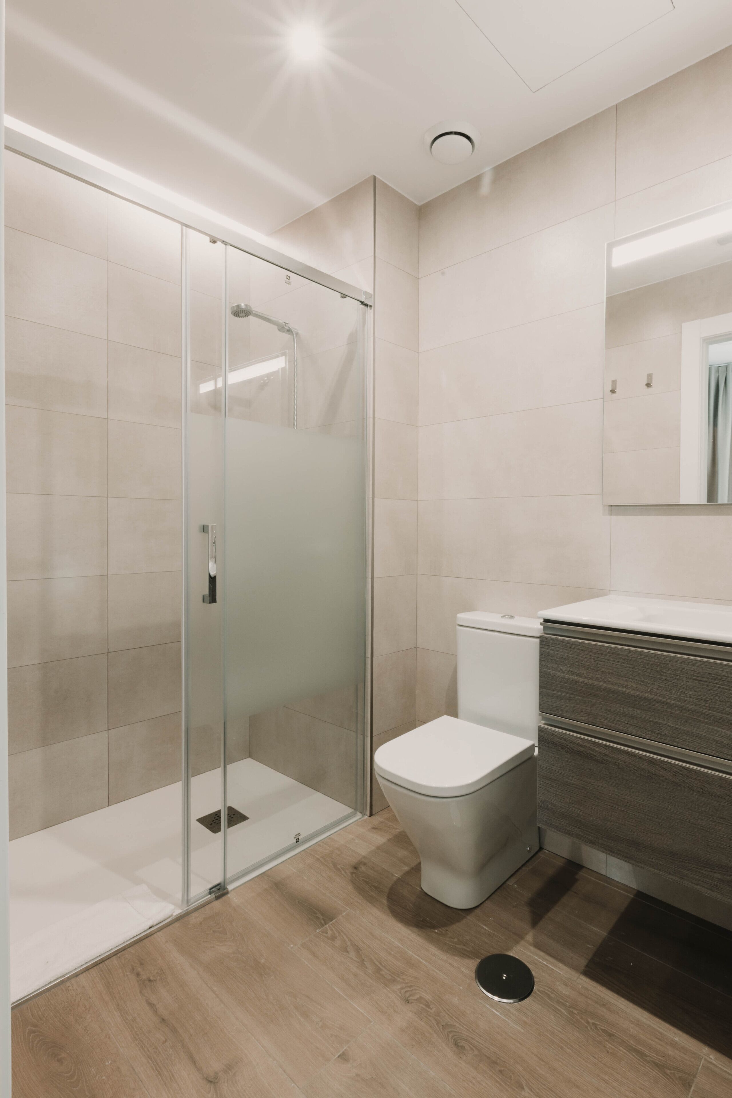 A modern bathroom with a glass-enclosed shower, a toilet, and a vanity with a mirror.