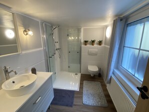 Dusche, Haartrockner, Seife, Toilettenpapier
