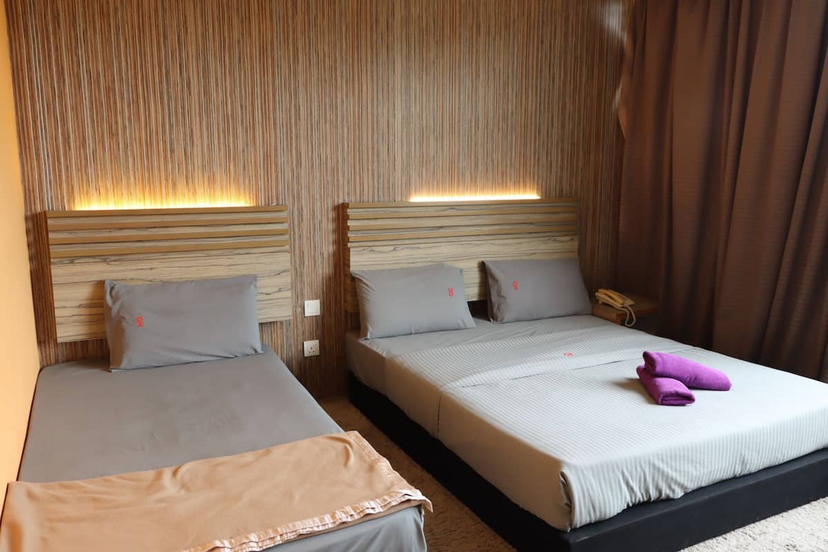 Two single beds with headboards, a telephone, and a purple towel on the right bed.