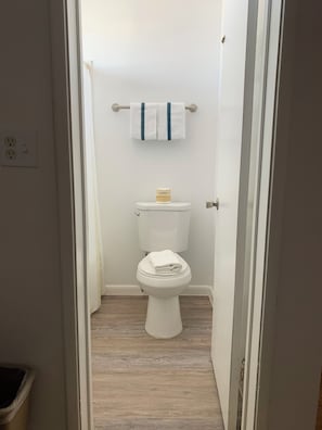 Habitación estándar | Baño | Regadera, toallas, jabón, shampoo