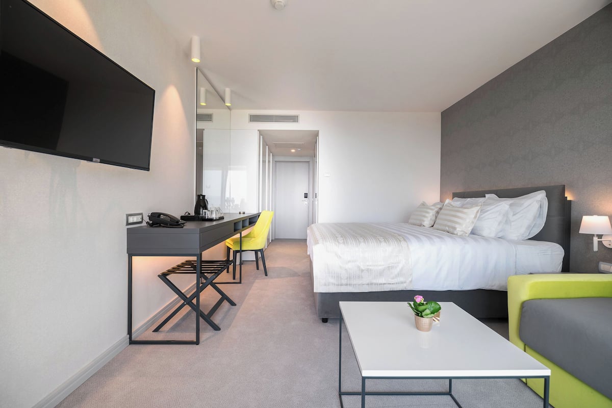 A modern hotel room with a bed, a desk, a chair, a TV, and a small table with a plant.
