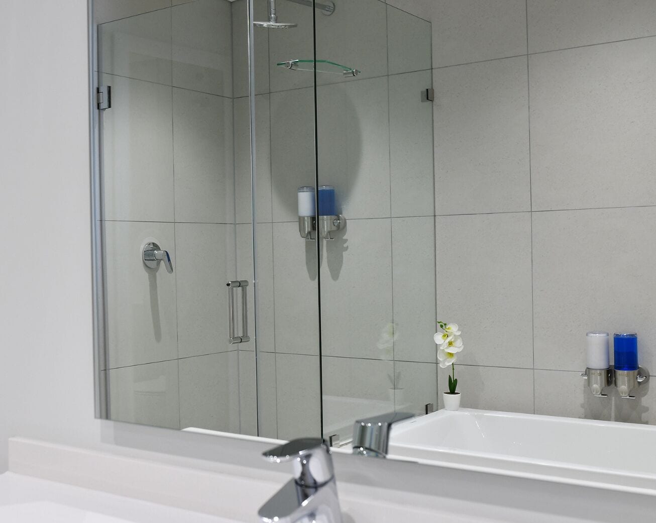 A modern bathroom with a glass-enclosed shower, a white sink, and a small potted orchid.