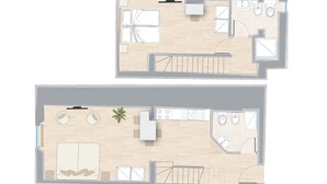 Distribución de una habitación de hotel con cama, zona de estar, kitchenette, baño y un pequeño balcón.