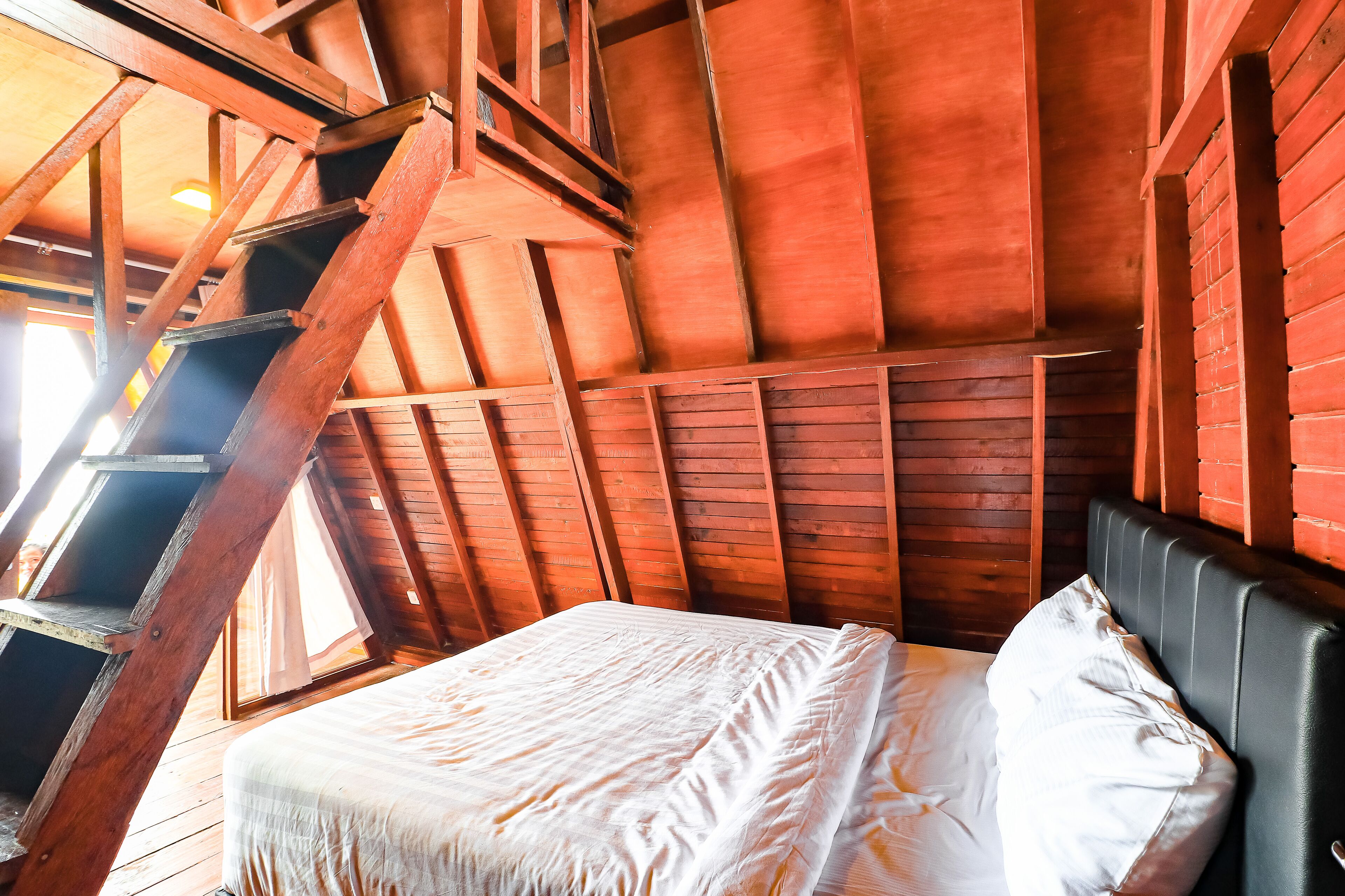A wooden room with a bed, a ladder, and a sloped ceiling.