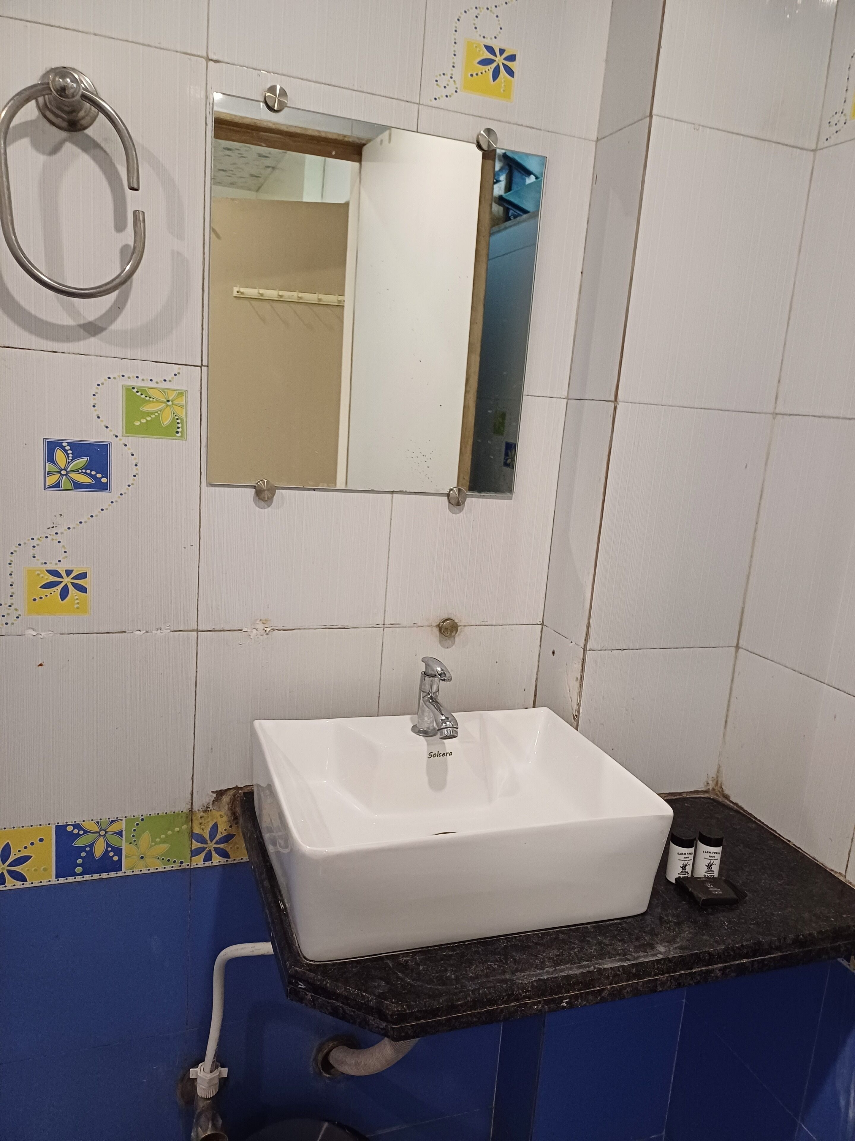 A bathroom with a white sink, a mirror, and a towel ring.