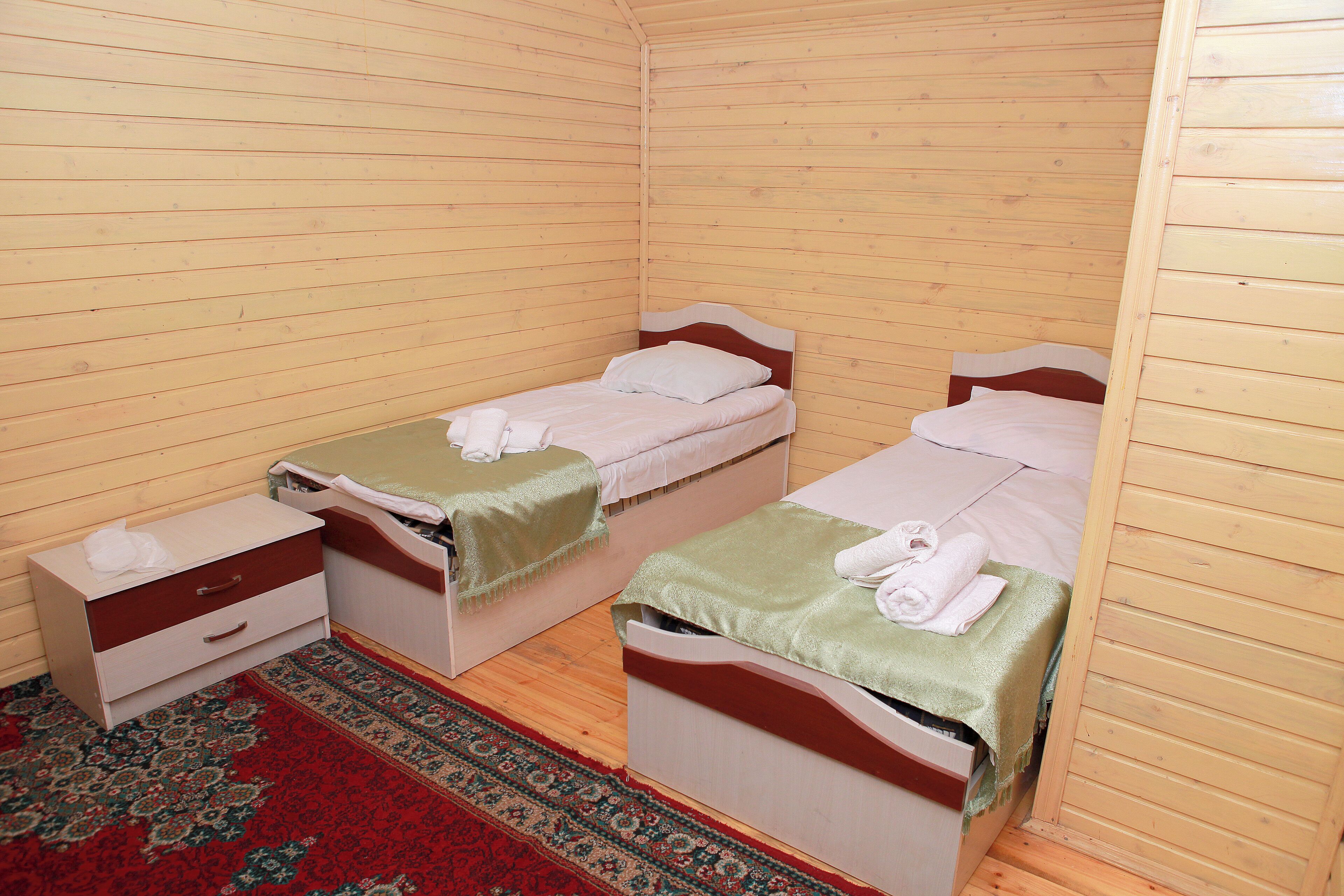 A small, cozy room with two single beds, a nightstand, and a patterned rug.