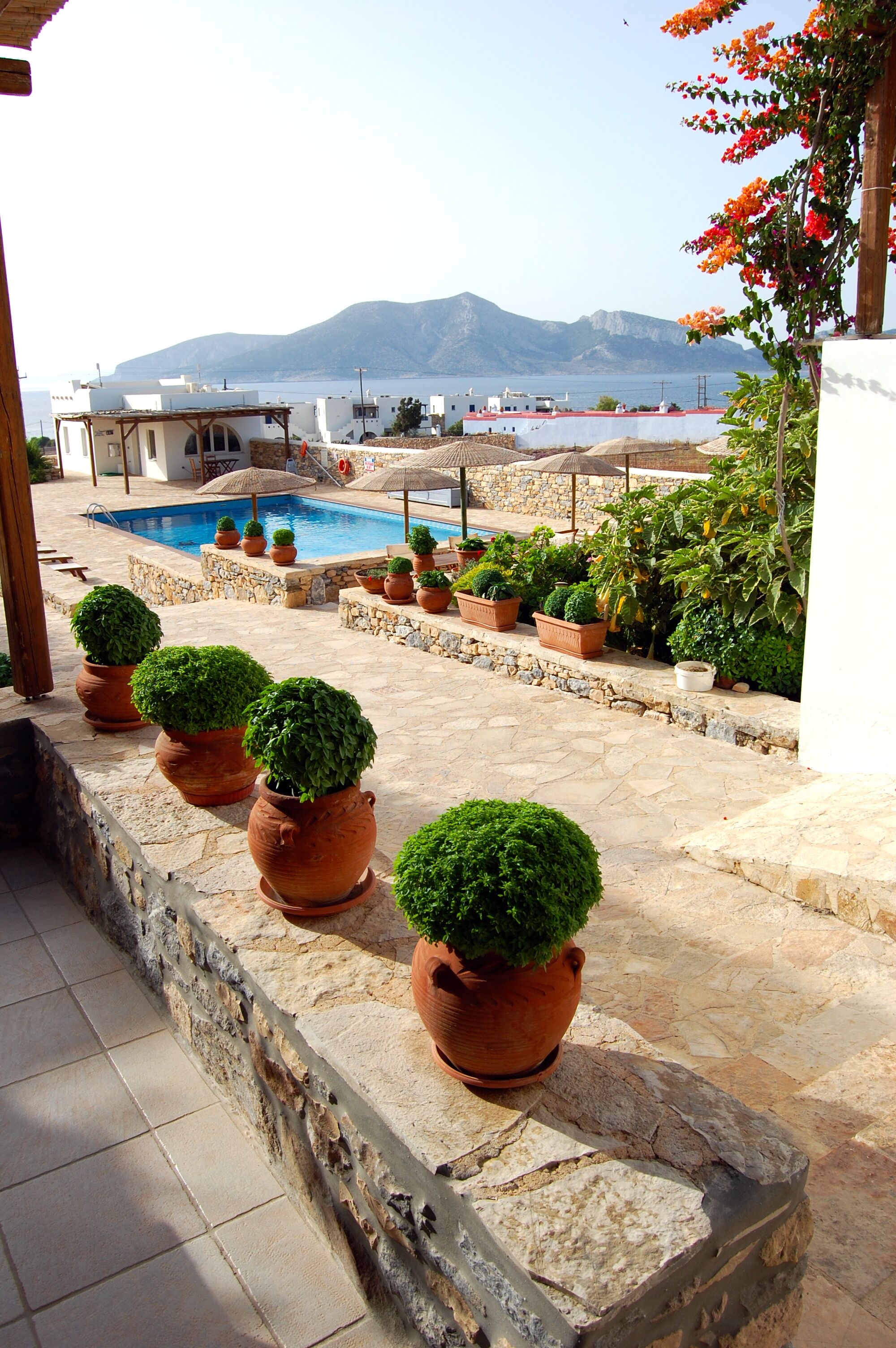 Zona de piscina con macetas de terracota con plantas, piscina de piedra y vistas a montañas al fondo.