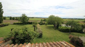 A well-maintained garden with neatly trimmed hedges and a variety of trees.