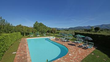 Seasonal outdoor pool, open 9:00 AM to 8:00 PM, pool umbrellas