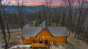 Eine Blockhütte mit Veranda und kleiner Terrasse, umgeben von Bäumen und einem Berg im Hintergrund.