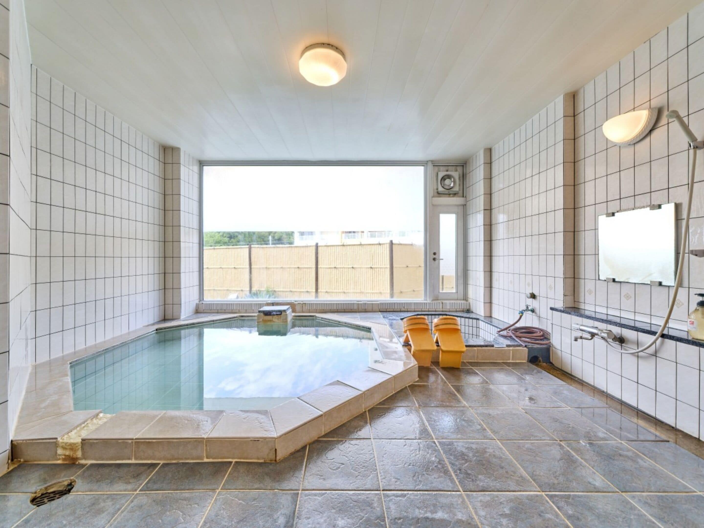 Una piscina interior moderna con vistas despejadas al exterior, paredes con azulejos e iluminación en el techo.