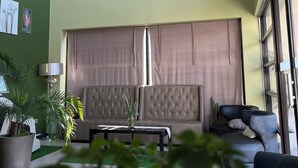 Un espacio habitable de dos pisos con una pared verde, ventanas amplias con cortinas, un sofá capitonado, una mesa de centro y plantas en macetas.