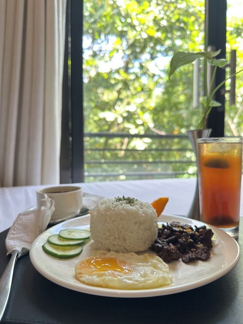 A plate with rice, a fried egg, and a side of meat, accompanied by a glass of iced tea, set on a table with a view of greenery outside.