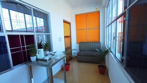 Una habitación con sofá, una mesa con plantas en macetas y ventanas amplias.