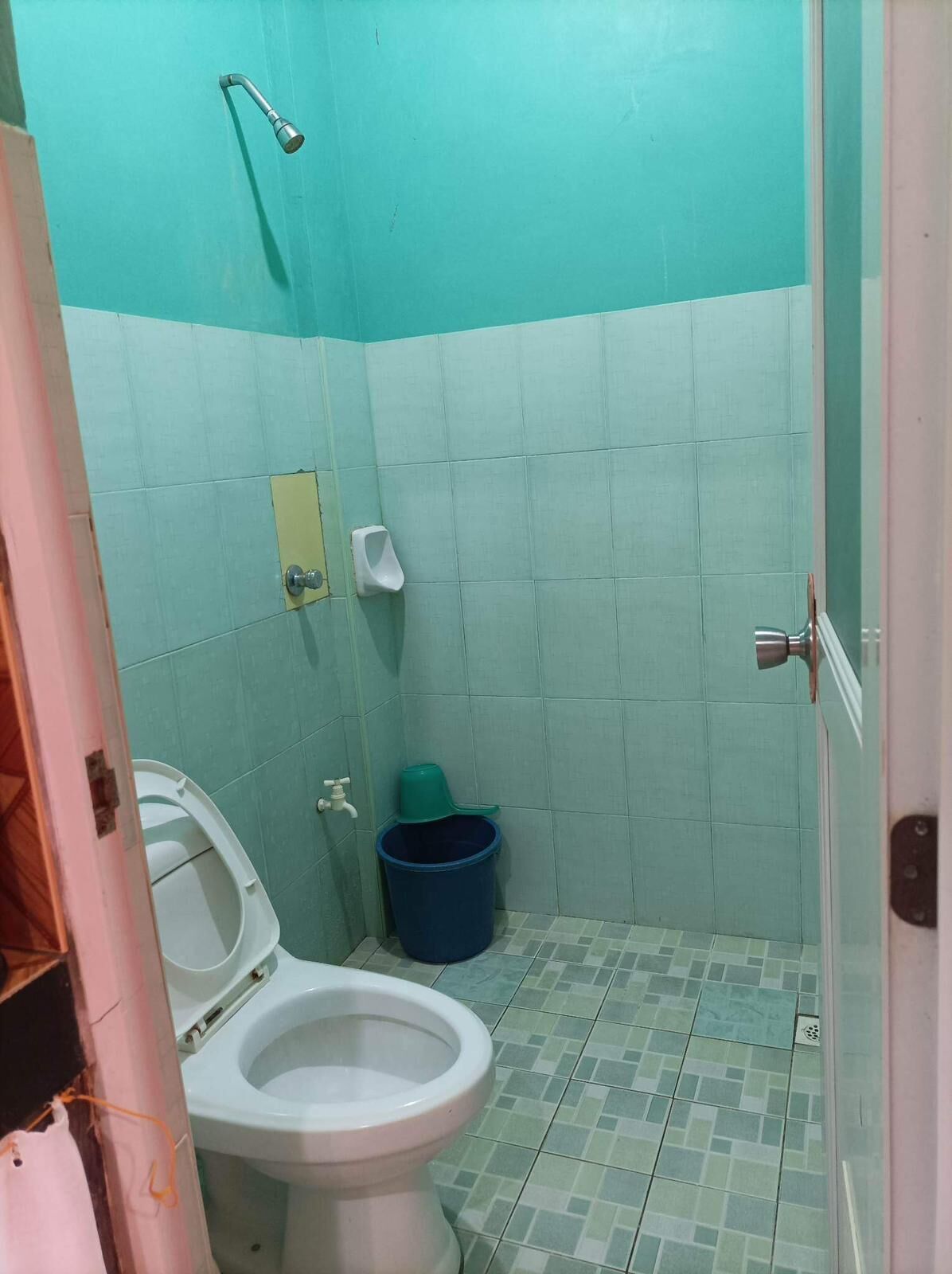 Een kleine badkamer met een toilet, urinoir en douche.