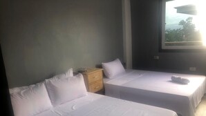 Habitación de hotel con dos camas individuales, un aparador de madera y una ventana que ofrece vistas a zonas verdes.