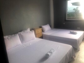 Habitación de hotel con dos camas individuales, un aparador de madera y una ventana que ofrece vistas a zonas verdes.