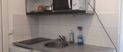 Frigorífico, microondas y placa de cocina