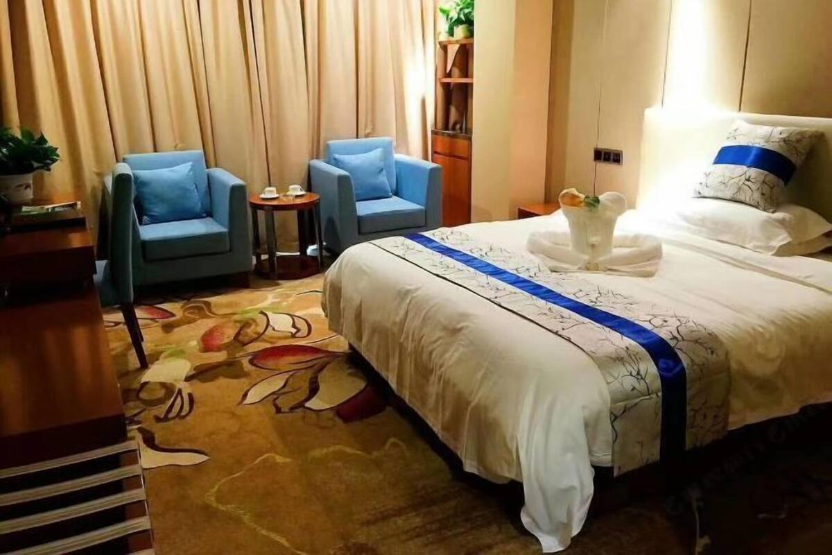 A hotel room with a bed, two blue armchairs, a small table, a plant, and a bookshelf.