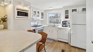 A modern kitchen with white cabinetry, a built-in microwave, a stove, and a refrigerator.