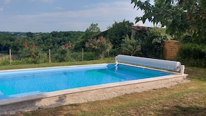 Ein rechteckiger Pool mit integrierter Sitzbank, umgeben von einer Rasenfläche und Bäumen.