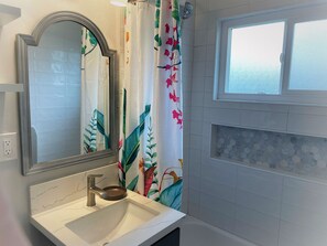 Hair dryer, towels, soap, shampoo