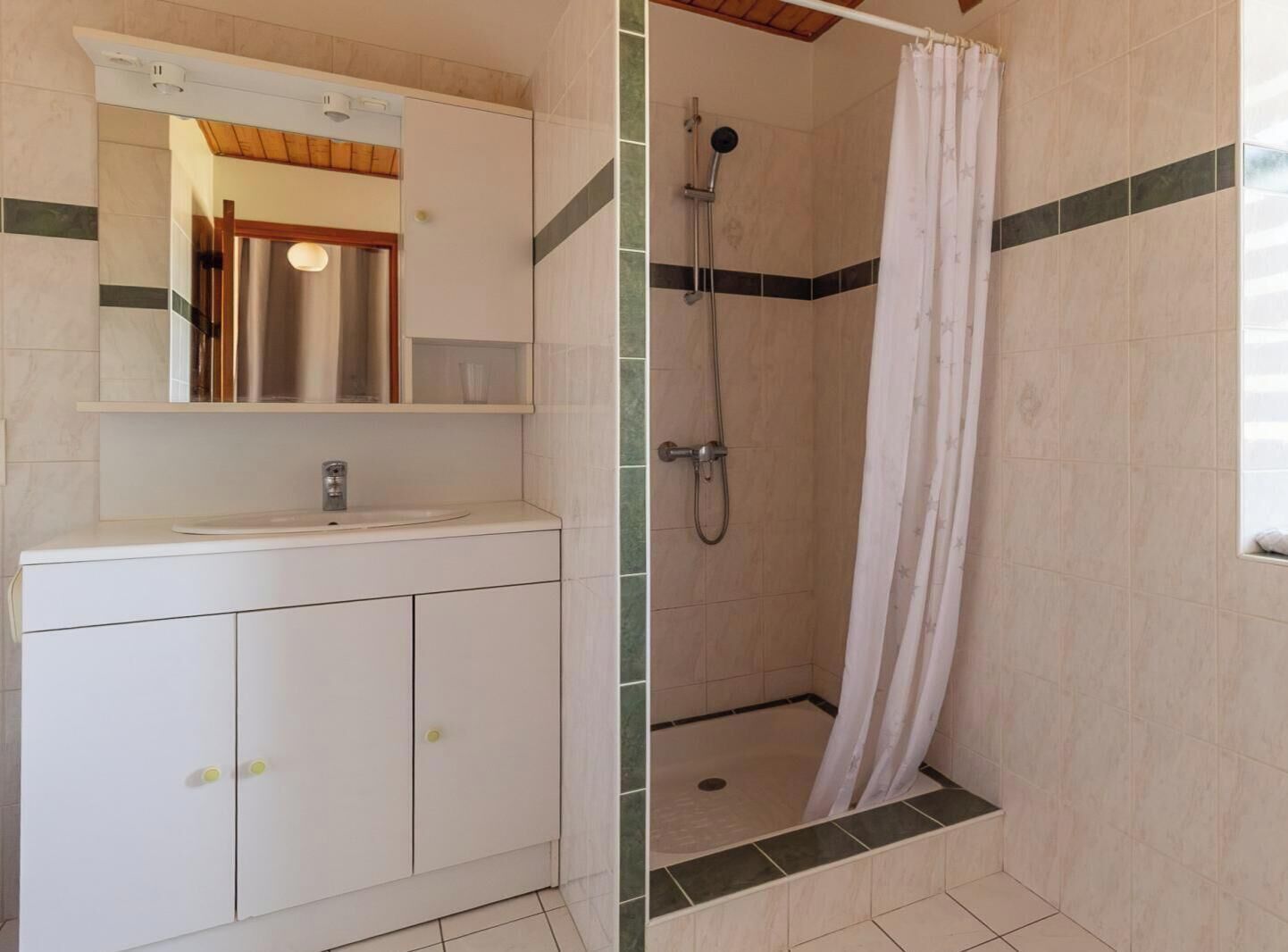 A bathroom with a shower, a sink, and a mirror.