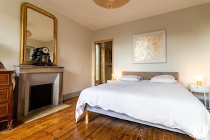 A bedroom with a large bed, a fireplace, a mirror, and a wall-mounted artwork.