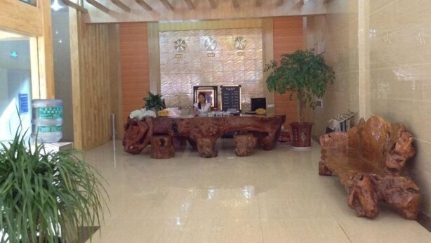 A reception area with a wooden reception desk, a large potted plant, and a decorative wall with a clock. - Yunti Hotel (Jinping)