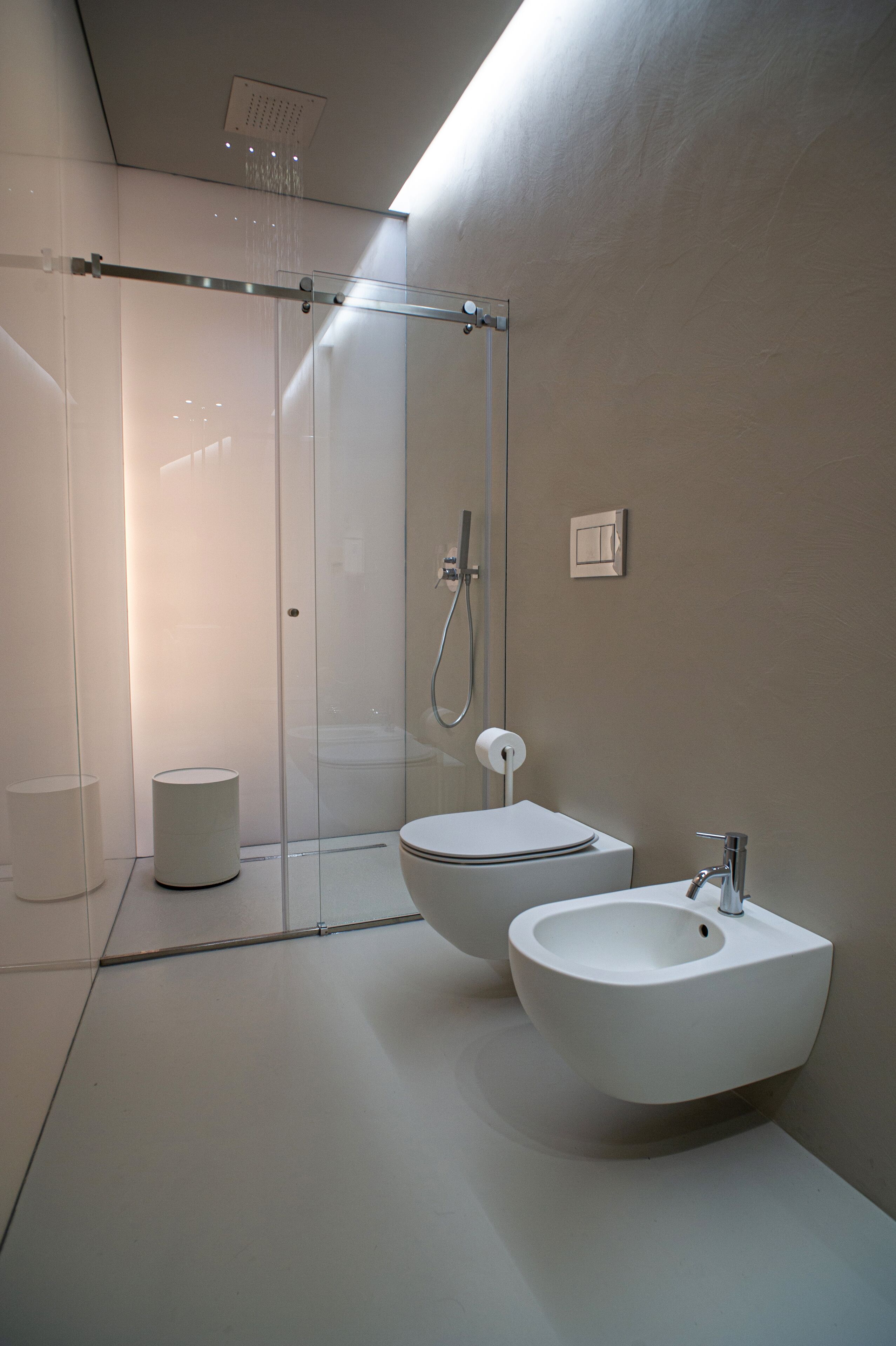 A modern bathroom with a glass shower enclosure, a bidet, and a sink.