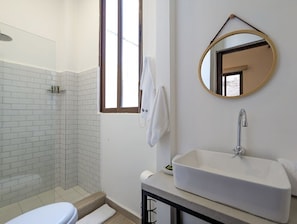Shower, hair dryer, towels, shampoo