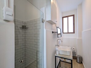 Shower, hair dryer, towels