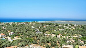 Zona residencial costera con casas rodeadas de árboles y vista al mar.