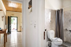 A bathroom with a toilet, shower, and a visible door leading to another room. - Apartment "Lefkothea 4" with Sea View, Balcony & Wi-Fi (Lefkada)