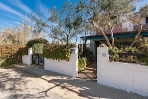 A gated residential property with a paved driveway, a white wall with greenery, and a building with a tiled roof.