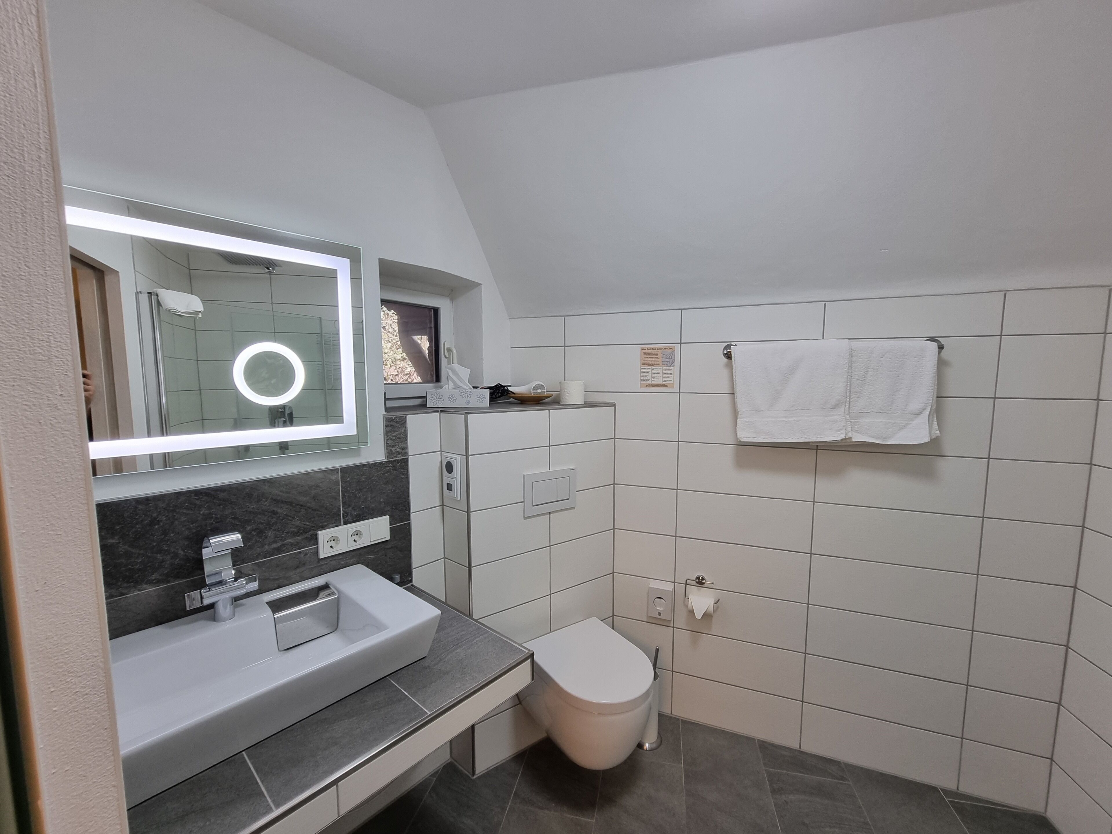 A modern bathroom with a vanity, sink, mirror, and toilet.