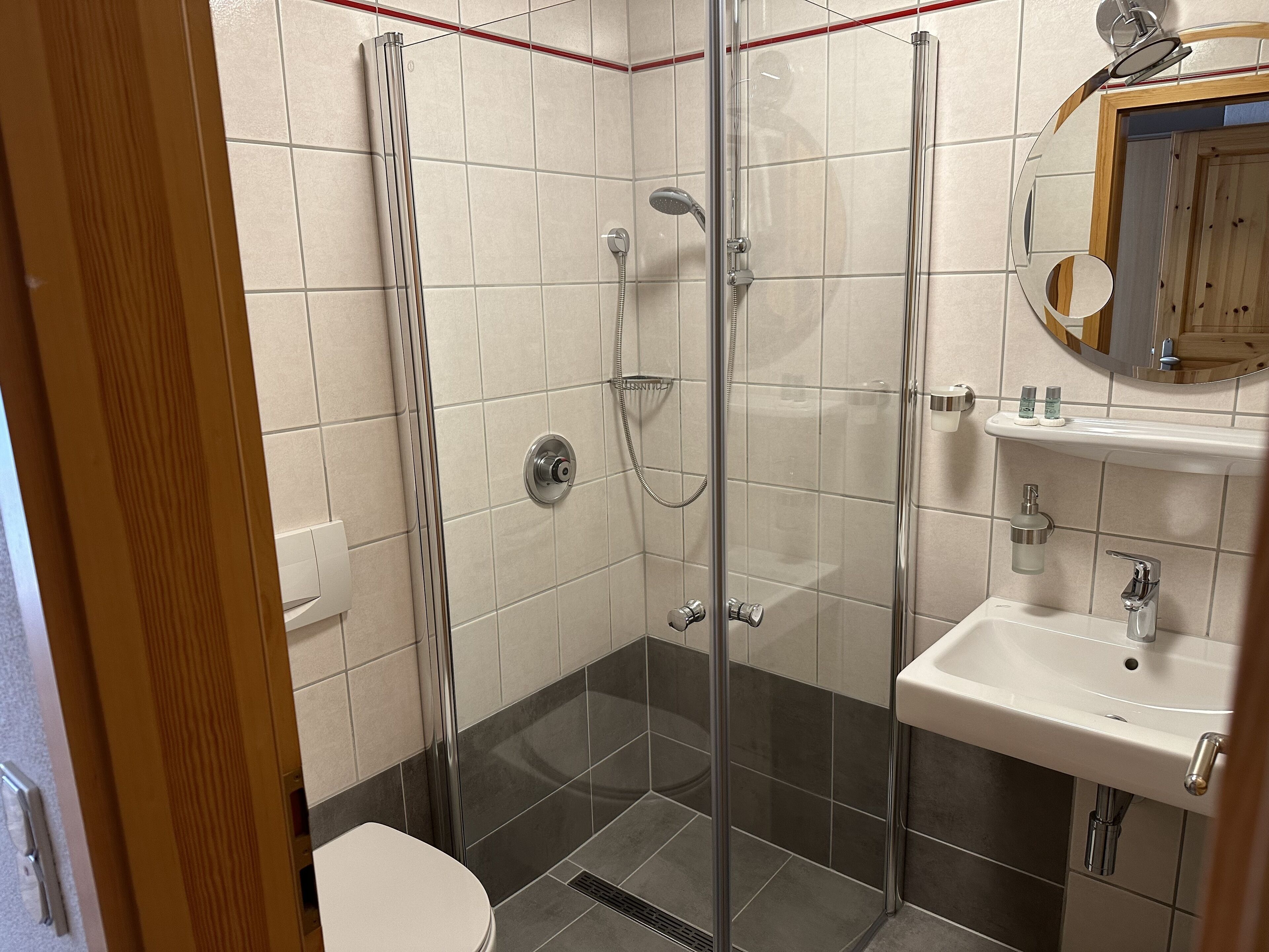 A modern bathroom with a glass-enclosed shower, a white toilet, and a sink with a mirror above it.