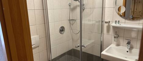 A modern bathroom with a glass-enclosed shower, a white toilet, and a sink with a mirror above it.