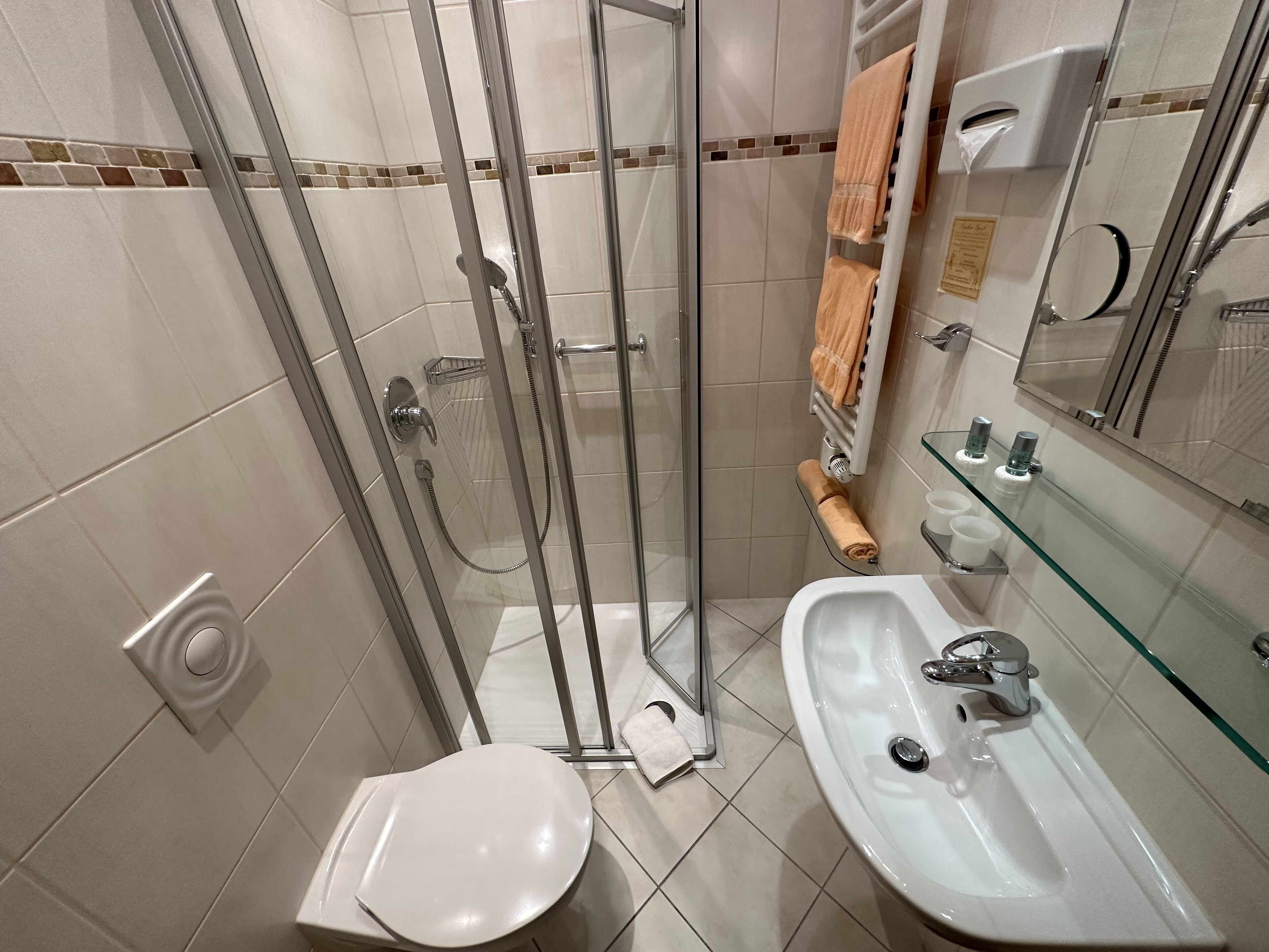 Un baño con cabina de ducha de vidrio, un lavamanos blanco y un inodoro.