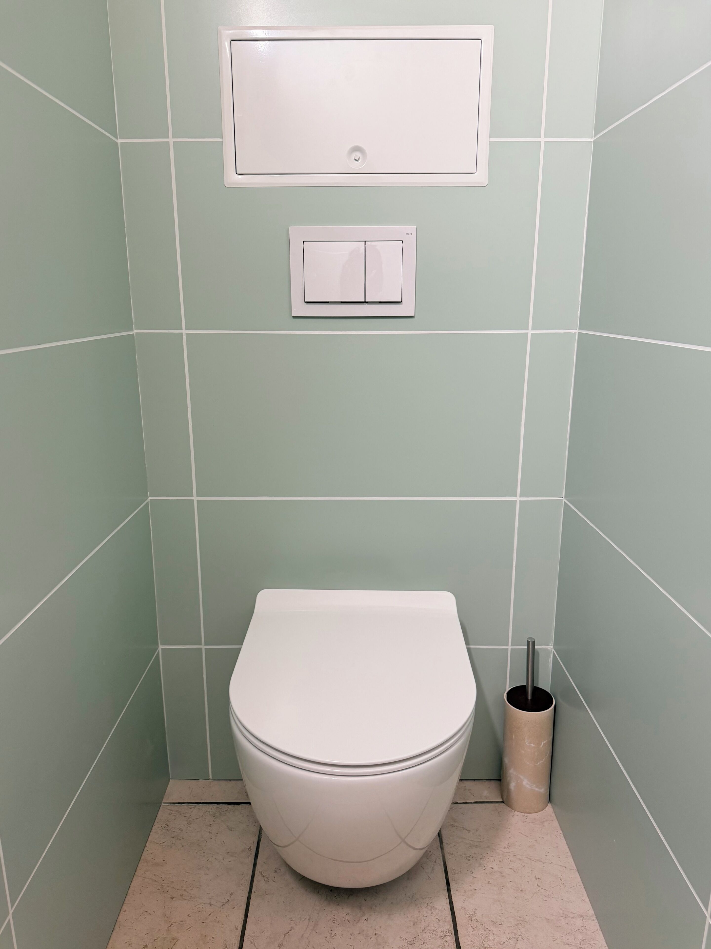 A bathroom with a white toilet, a flush handle, and a toilet brush.