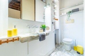 Shower, hair dryer, bidet, towels