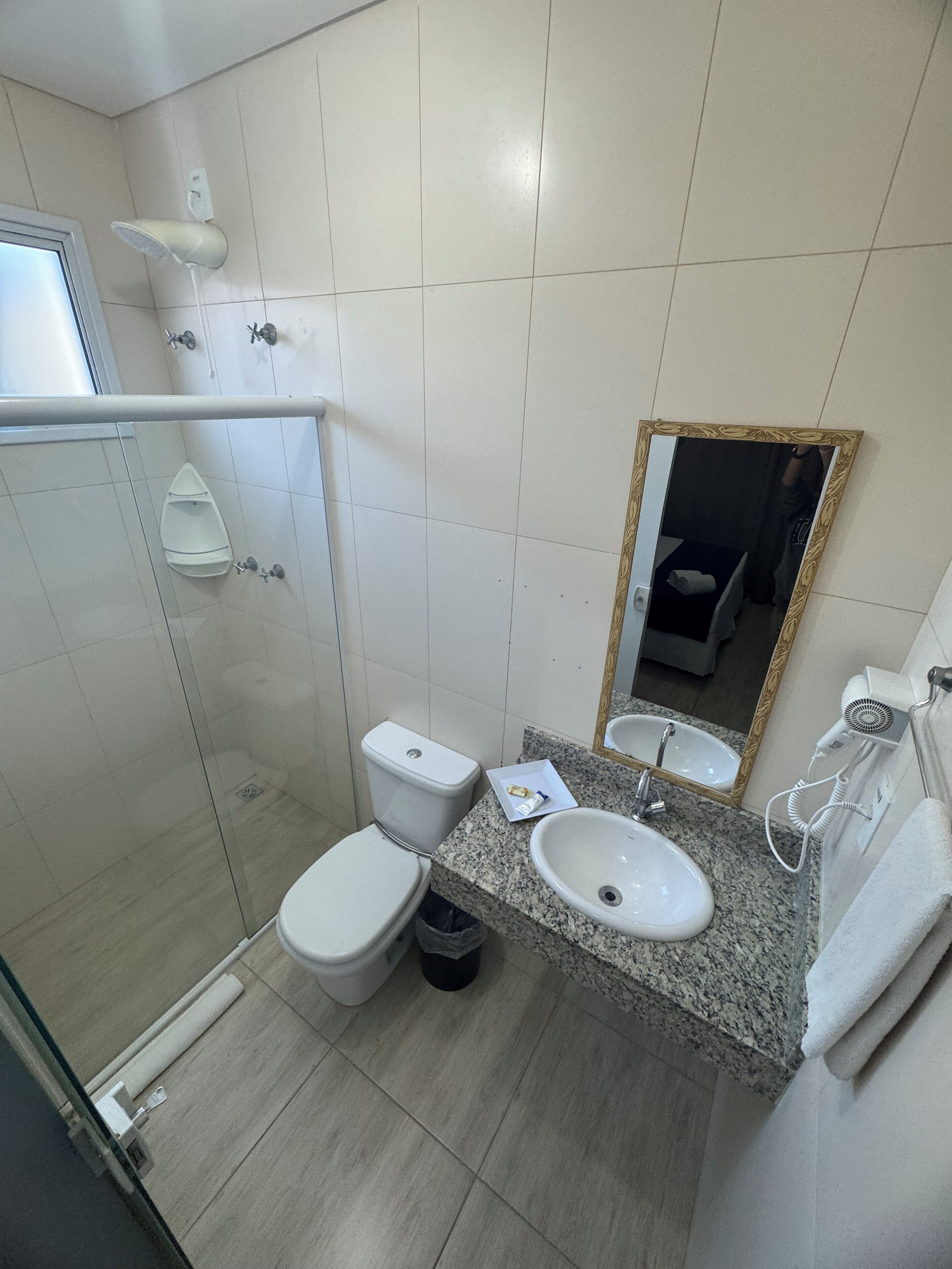 A bathroom with a shower, toilet, sink, and a mirror.