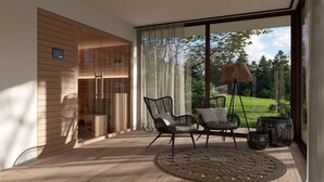 A modern room with a large window, a wicker chair, a small table, and a decorative rug.