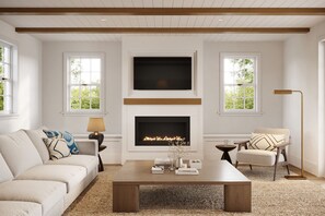 スマートテレビ、暖炉、ステレオ