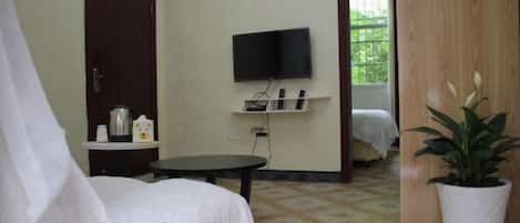 A room with a bed, a TV mounted on the wall, a small table, and a potted plant.