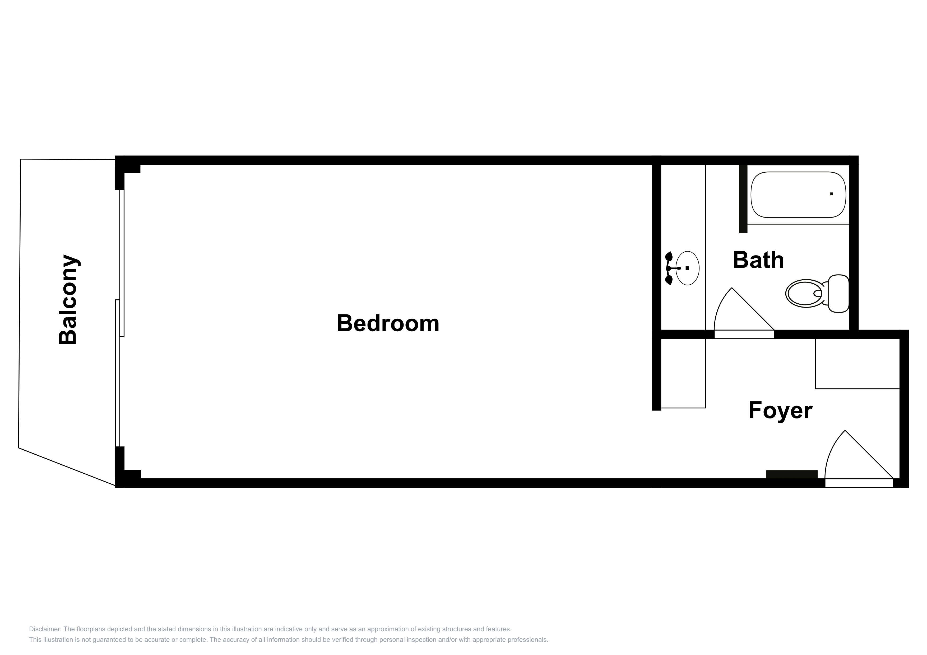 Een plattegrond van een hotelkamer met balkon, slaapkamer, badkamer en hal.